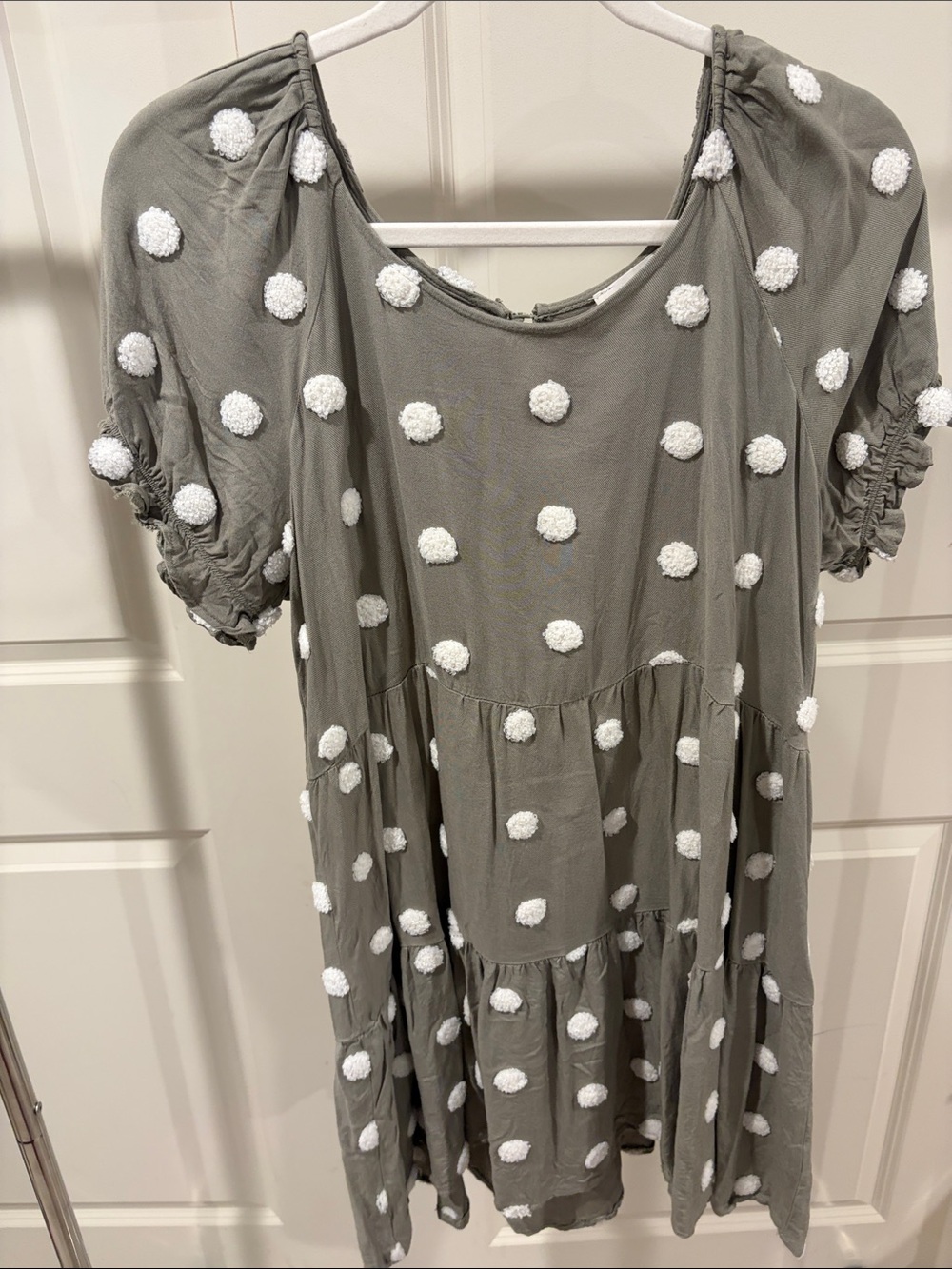 bohme Olive Green Tiered Dress with White Pom-Poms